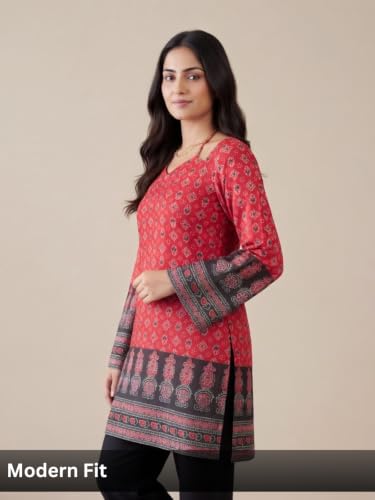 Image of GRECIILOOKS Short Kurti for Women - Printed Modern Tunic Top | Long Ethnic Wester Tops for Woman| Full Sleeve Indo Western Tunic | Comfortable Rich Kurti Tops for Office and Casual