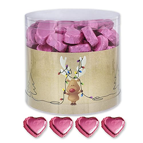 Günthart Dose mit 150 Schokolade Herzen Rentier | ROSA | Pralinen Herzen gefüllt mit Nougat Creme | 1er Pack (1 x 1.2 kg)