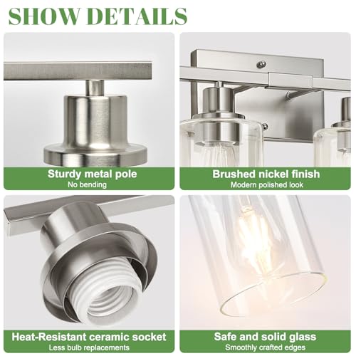 Image of MOKATNG 4-Light Bathroom Light Fixtures, Vanity Light with Clear Glass Shades, Brushed Nickel Bathroom Light Fixtures Over Mirror, Modern Bathroom Wall Lamp for Mirror Living Room Cabinet Bedroom