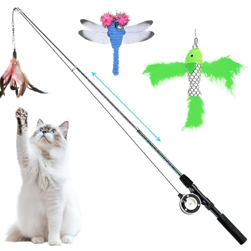 Pawaboo Palo de Gato Divertido, Juguete Interactivo con Plumas para Gatos, Combiado con Pez y Libélula, Contiene una Caña de Pescar Retráctil Tipo Palo de Gato - Multicolor 3