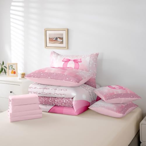Image of Feelyou Boys Girls Pink Bowknot Comforter Set with Sheets Full Size, Personalized Initial 7 Pieces Bedding Set Princess Glitter Bed in A Bag Kids Bow Monogrammed Teens Bed Set Bedroom Decor 7Pcs