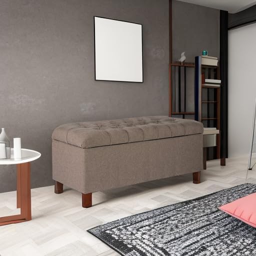 Brown Tufted Fabric Upholstered Wooden Storage Bench
