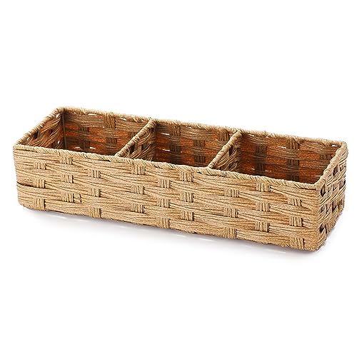 Cesta de papel multiusos tejida a mano de mimbre de plástico con divisor para estantes, rústico, decoración de baño, encimera, color amarillo claro