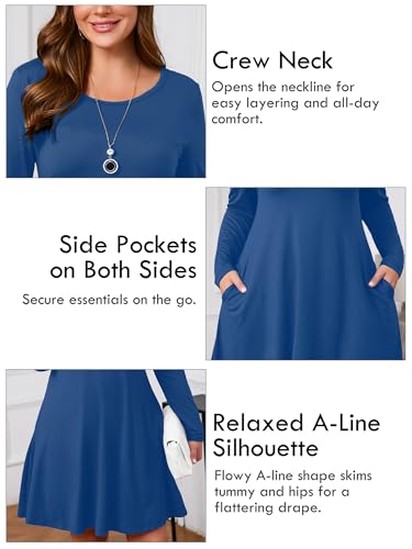 Image of AusLook Women's Plus Midi Dress Long Sleeve Crew Neck A-Line Swing Flowy Vacation Fall Wedding Guest Dresses with Pocket 1-5X