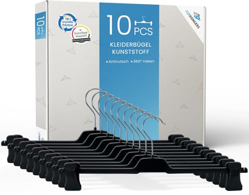 RSR-Hangers Hosenspanner PUC Kleiderbügel 42 cm - 10 Stück - XL - Hosenbügel - verstellbare Klammern - Schwarz - 360 Haken - Made in Germany