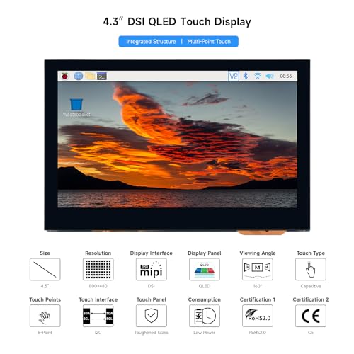 Image of waveshare 4.3inch QLED Display, Compatible with Raspberry Pi 5 /4B /3B+ /3A+ /3B /2B /B+ /A+ /CM3 /3+ /4, DSI Interface, 800 x 480 Resolution, Integrated Structure,