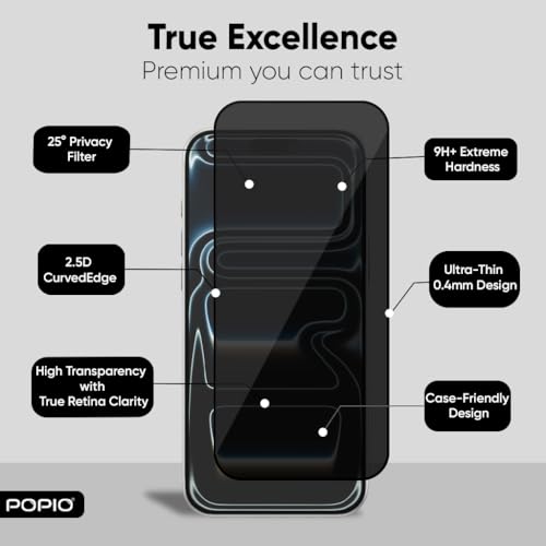 Image of POPIO Xtreme Privacy Pack of 2 Tempered Glass for iPhone 16 Pro Max / 17 Pro Max | 9H Hardness, Edge-to-Edge Coverage, Anti-Scratch, Anti-Spy