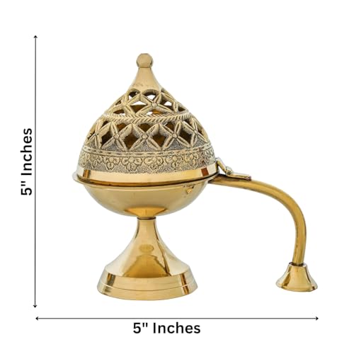 Image of Sanvatsar Traditional Brass Incense Burner, Gold, Decorative Dome Design with Lattice Pattern, Smoke Diffuser for Home (Dhoop Batti)