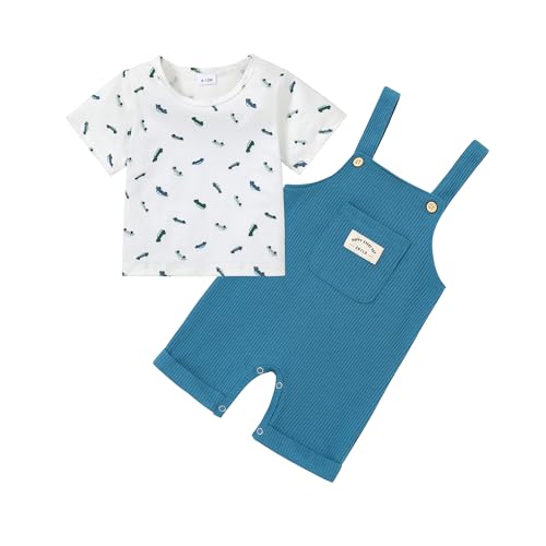 Image of ZOEREA Toddler Baby Boys Clothes Summer Outfit Stripe T-Shirt and Shortall Romper Set Cute Jumpsuit Solid Color 6M-4T