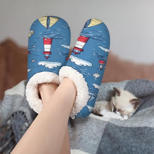 Lighthouse Sailboat Women's Slippers Socks Cozy Fuzzy Sherpa House Shoes Winter House Bedroom Slippers3