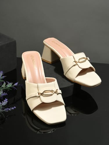 Image of Women's Block Heel Mule Sandals | Stylish Slip-On Heels with Metal Chain Detail | Cushioned Footbed | Square Toe Fashion Slides for Party, Office & Casual Wear