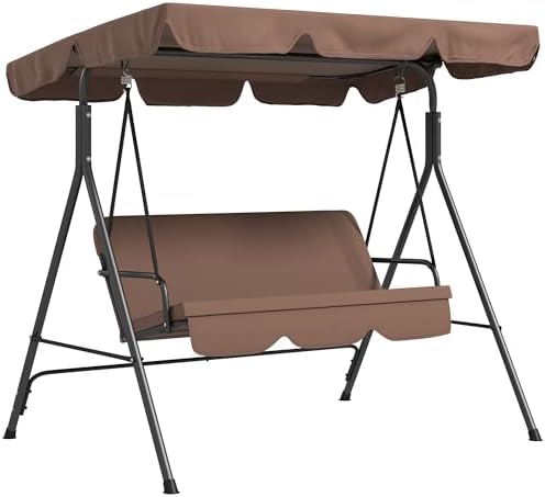 Outsunny 3-Seat Patio Swing Chair, Outdoor Porch Swing Glider with Adjustable Canopy, Removable Cushion, and Weather Resistant Steel Frame, for Garden, Poolside, Backyard, Brown