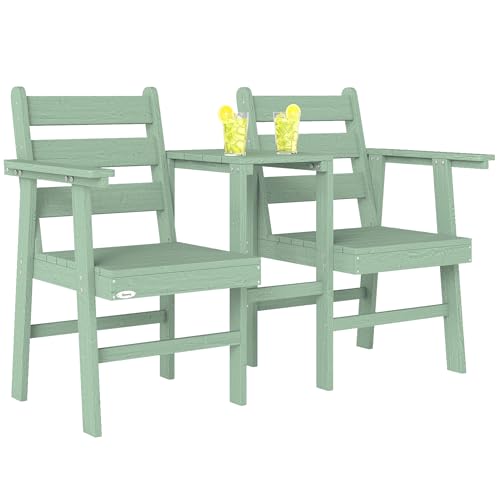 Outsunny Garden Loveseat 2 Seater Jack and Jill Garden Seat with Built-in Table Embossed Wooden Love Seat Garden Furniture Companion Seat for Patio Porch Balcony Green