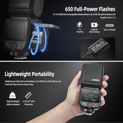 Image of Godox V480N TTL Speedlite Flash for Nikon Cameras, GN50, 2.0 inch Touchscreen, HSS 1 /8000s, 2.4G Wireless, USB-C Rechargeable, 650 Full-Power Flashes, Compatible with Z7 II Z6 II Z5 Z50 D850 D780