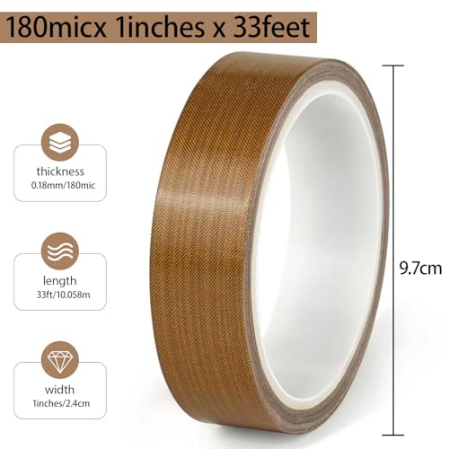 Image of Teflon Glass Cloth Tape,1''x 33ft x 0.18mm,PTFE Coated Fiberglass Adhesive Tape,High Temperature PTFE Tape for Vacuum Sealer Machine,Hand Impulse Sealers Insulation,Low Friction Tape,Squeak Resistant