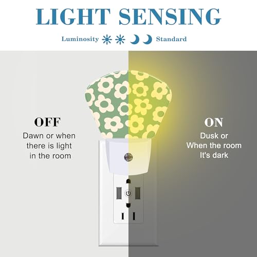 Image of Vintage Green Flowers Night Light, Groovy Flowers Nightlight Plug into Wall with Dusk to Dawn Sensor for Kid Girls Boys Women Men Bedroom, Hallway, Kitchen, Bathroom, Stairs Decor