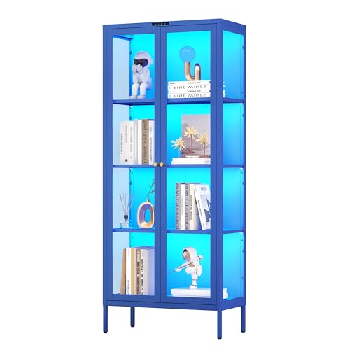 Glass Display Cabinet with Glass Doors, Metal Curio Cabinet with 8-Color LED Lights, 66 Inch Tall Display Case for Collectibles, Blue Storage Cabinet