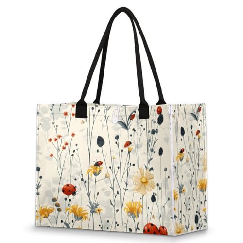 Floral Ladybird Tote Bag for Women Large Beach Bag Reusable Tote Bags for Work Travel Beach Shopping
