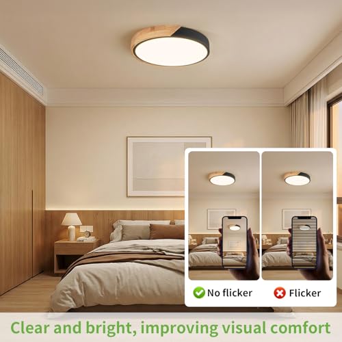 Image of 11.8 Inch Wood LED Flush Mount Ceiling Light 3000K, Black