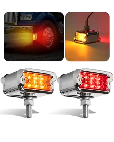 ASNOO 2PCS Amber/Red Dual Revolution 12 LED Turn Signal Marker Lights w/Visor, Semi Truck Double Face Chrome Auxiliary Bumper Pedestal Lights for Freightliner Peterbilt Kenworth Mack Western Star