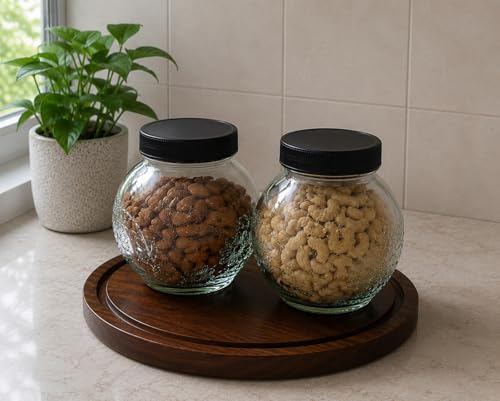 Image of Designer Transparent Glass Storage Jar with Black Plastic Airtight Lid, 900 ML Food Grade Kitchen & Pantry Storage Container, Size 8 X 14 X 14 cm, Ideal for Pulses, Dry Fruits, Pack Of 2