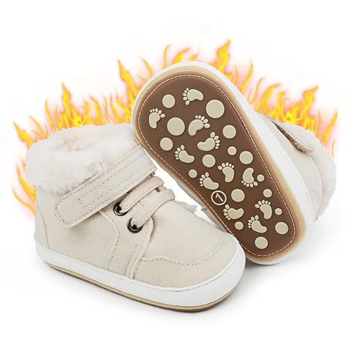 Handmade Velvet Winter Warm Baby Boys Girls Leather Sneakers Soft Rubber Sole Infant Moccasins Newborn Oxford Loafers Anti-Slip Toddler Wedding Uniform Dress Shoes (Beige, Infant, 12 Months, Age Range, US Footwear Size System, 18 Months, Medium)