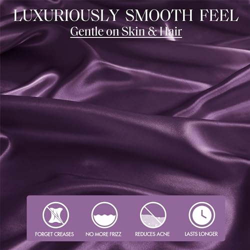 Image of Madison Park Essentials Satin Sheets King Size Bed Set, 6 Piece, Purple | Luxury and Smooth Silky Bedding with Natural Sheen, All Around Elastic 14 inch Pocket fits up to 16 inch Mattress, Year-Round Cozy