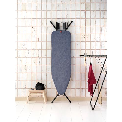 Image of Brabantia Comfort Ironing Board with Left /Right Adjustable Steam Iron Rest | Medium (Size B) | Fairtrade Denim Blue Cover | Adjustable Height (27-38 inch), Easy Fold, Anti-Collapse Lock, Non-Slip Feet