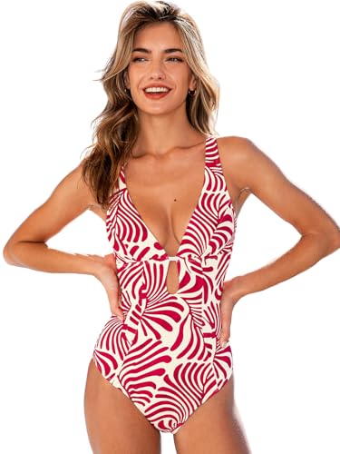 CUPSHE Women's One Piece Swimsuit Deep V Neck Keyhole Cutout O Ring Textured Bathing Suit, M