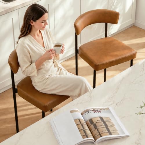 Image of GrandNoor Brown Modern Bar Stools Set of 3, 24 Inch Faux Leather Counter Stools with Curved Backrest, Counter Height Bar Stool for Kitchen Island