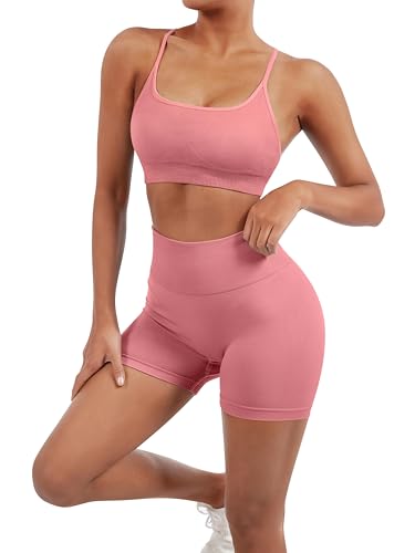 Image of SUUKSESS Women Seamless Workout Sets Strappy Sports Bra High Waist Booty Shorts Outfits
