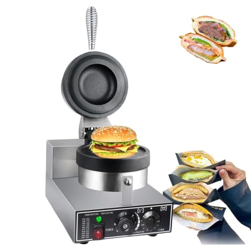 Máquina de Waffles de Hamburguesa Eléctrica 1200W con Calentamiento Dual Prensa Comercial de Sándwich con Temporizador de Temperatura Precalentamiento Rápido Sin Volteo Mango Térmico Fácil de Single