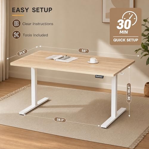 Image of Grandder 55x32 Large Electric Standing Desk, Height Adjustable Computer Desk with 2 Memory Presets, 31.5 inch Deep Desktop Sit Stand Desk Home Office Desk Workstation Table with Hooks, Light Walnut