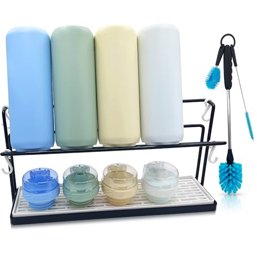 WAKUBON Water Bottle Drying Rack for Kitchen Counter Cup Drying Rack Tumbler Mug & Glass Drying Rack Drying Rack 2 Tier with Drain Tray and Cleaning Brush Set (Black)