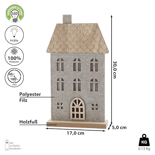 Cepewa LED Haus auf Holzfuss | Polyesterfilz MDF 17x30x5cm 9 LEDs batteriebetrieben | Leuchthaus mit Timerfunktion