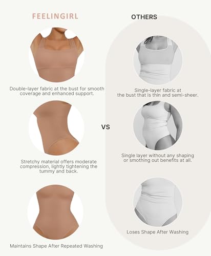 Image of FeelinGirl Bodysuits for Women Seamless Square Neck Tummy Control Compression Thong Shapewear Bodysuit Tank Tops Bodysuit