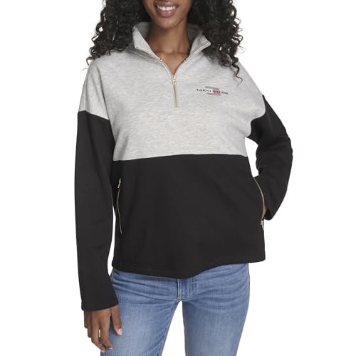 Tommy Hilfiger Women's Sportswear 1/4 Zip Mockneck Fleece Sweatshirt, Stone Grey Heather/Black, Large