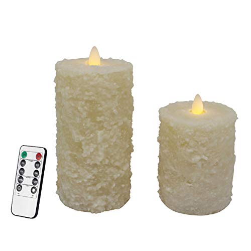 Image of CVHOMEDECO Rustic Textured LED Pillar Candles, Ivory, Set of 2 | Flameless Battery Operated, Timer and Remote Control, Farmhouse Real Wax, Flickering Dancing Flame, H 6 & 4 Inch
