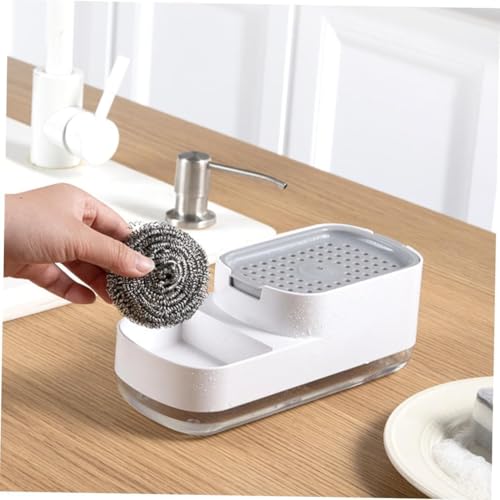 Image of Xmart India 3-in-1 Kitchen Soap Dispenser with Sponge Holder & Hollow Tray Scratch Wire Dish Cloth for Sink & Wash Basin Durable Rustproof Plastic Dish Soap Dispenser Kitchen Accessories for Home
