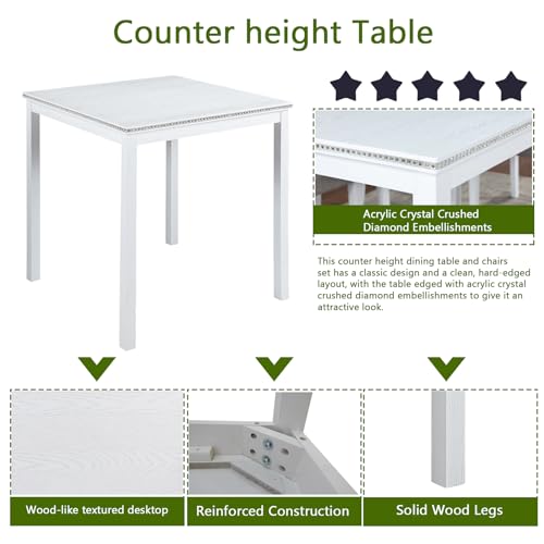 Image of KEIKI 5-Piece Counter Height Dining Table Set with Square Table and 4 Upholstered Chair, for 4 Person, Modern Style Crystal Decoration Wooden Table Set, Easy Assembly, for Kitchen, Dining Room,White