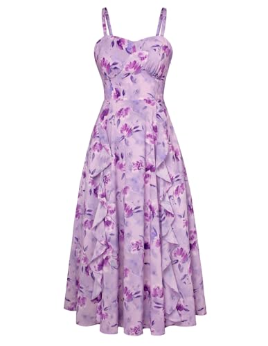 Image of Belle Poque Sun Dresses for Women Spring Summer Floral Midi Flowy Spaghetti Ruffle Wedding Guest Tea Party Dress