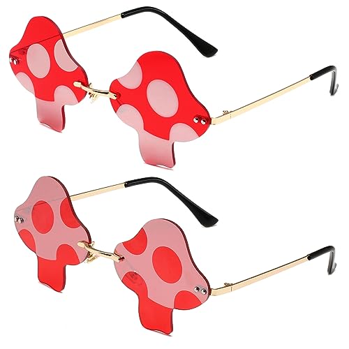 JOVAKIT Mushroom Shaped Sunglasses for Women Men Vintage Rimless Sun Glasses Retro rave Party Halloween Eyeglasses (Gold/Red+Gold/Red&Silver Mirror)2