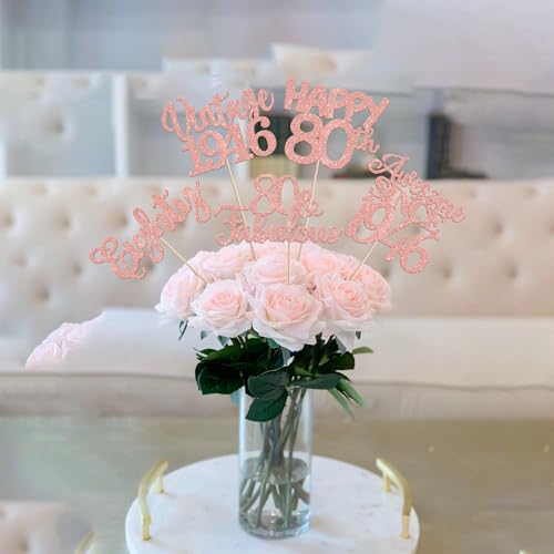 Image of 15 PCS 80th Birthday Centerpiece Sticks Happy 80th Vintage 1946 Table Flower Centerpieces Sticks Cheers to 80 Fabulous Floral Decorations for 80th Birthday Party Centerpieces Supplies Rose Gold