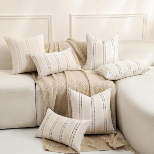 Image of Hckot Stripe Throw Pillow Covers 26x26 Large Square Grey Pillow Covers | Farmhouse Decorative Pillows Textured Linen Euro Sham Cushion Covers for Sofa Couch Bed Living Room Decor