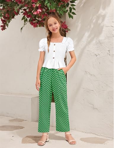 Image of Girls Clothes Solid Color Square Collar Stretch Top and Wide Leg Pants Clothes for Teen Girls 6-14Y