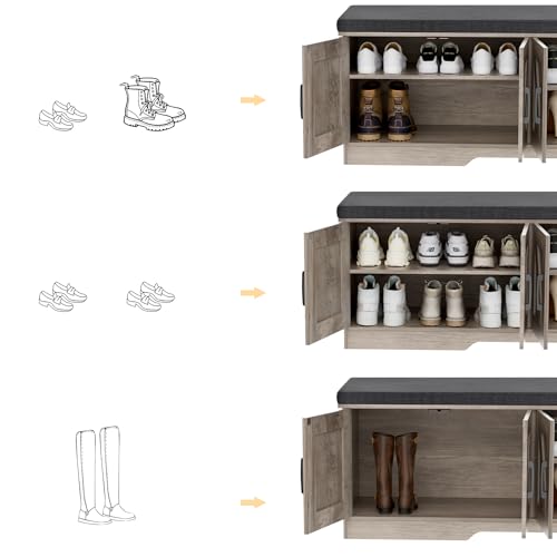 Image of HOMSHO Farmhouse Shoe Storage Bench with 4 Barn Doors & Padded Seat Cushion | 47.2 inch Wide Entryway Bench with Adjustable Shelves & Hidden Storage, Greige
