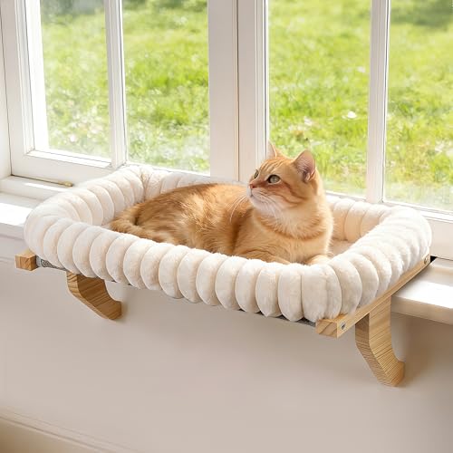 Zoratoo Cloud-Cuddle Cat Perch 窓枠用 ボルスター付き 天然木&メタルフレーム 猫 窓シート 大型猫用 調節簡単 ジッパークッション ペットベッド 窓辺用 (Mサイズ)の商品画像（Amazon）