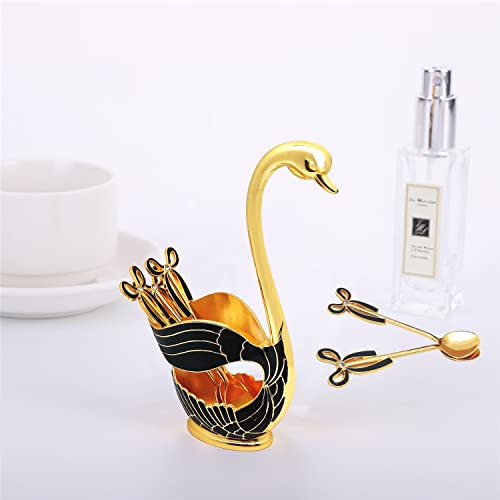 Swan Coffee Spoon Set, Black Swan Base Holder with 6 Spoons for Dessert Ice Cream Sugar Cake Tea, Creative Metal Dinnerware Set