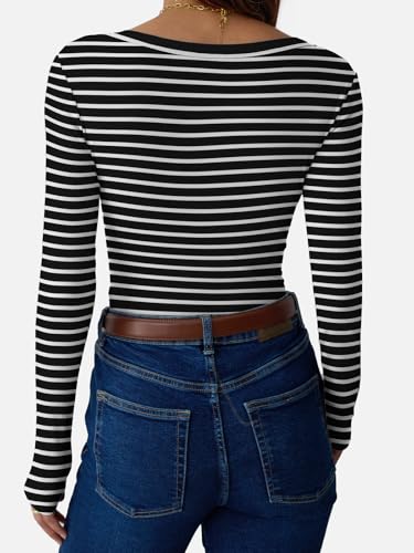 GKBK Womens 3/4 Sleeve Scoop Neck Tops Ribbed Knit Slim Fitted Casual Basic Tee Shirts 2026 Summer Fashion Trendy Work Casual T-Shirt Undershirts Layering Clothes Black White Stripe L — view 3