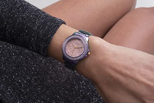 Guess Ladies Sport Crystal Multifunction 36Mm Watch – Purple Dial With Iridescent Purple Stainless Steel Case & Bracelet #TOP6